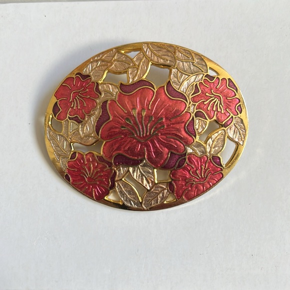Fish and Crown Jewelry - Fish and Crown Oval Gold Tone Cloisonne Floral Brooch with Cutouts